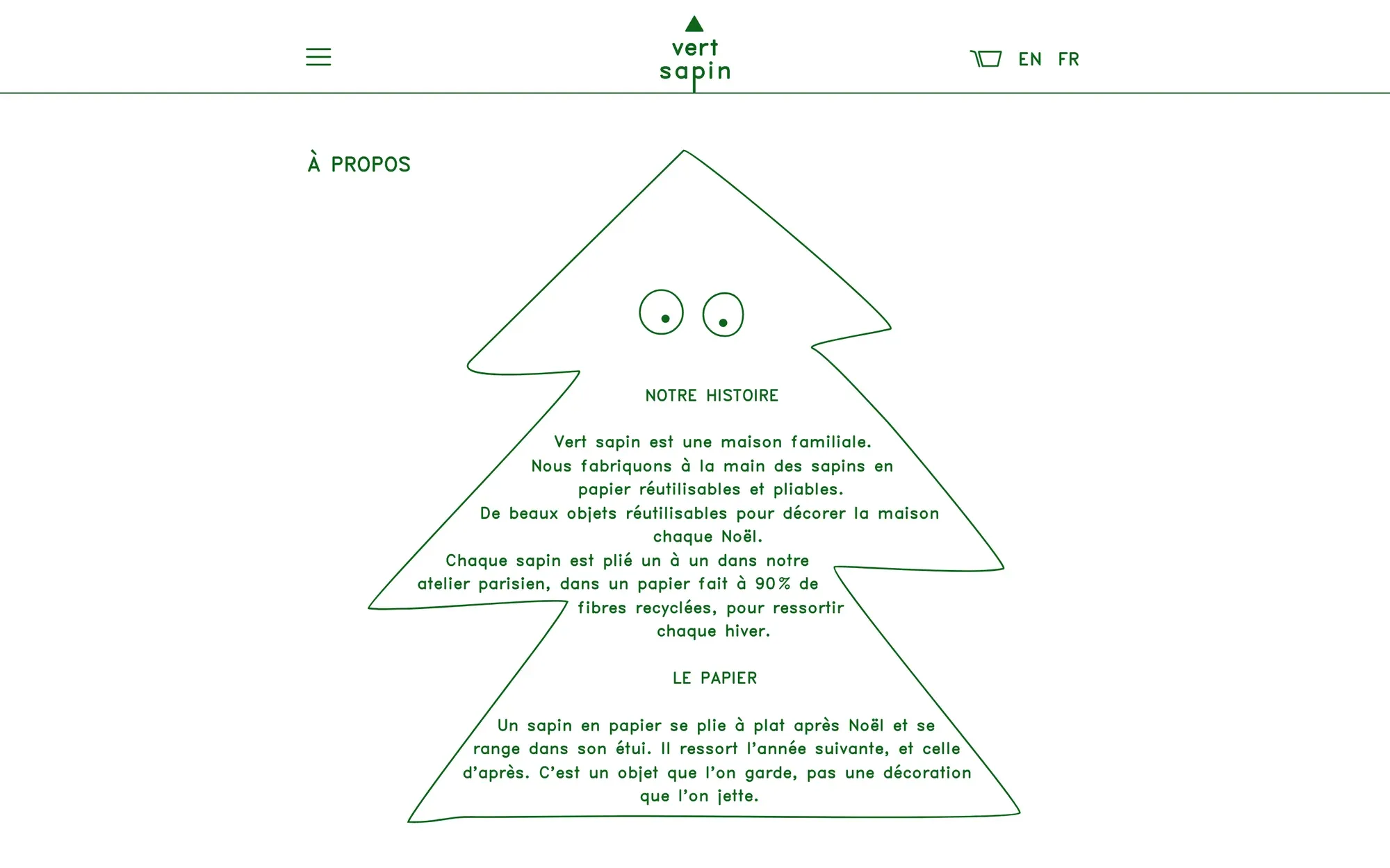The About page: the workshop’s story written inside a tree drawn in a green line, with two eyes.