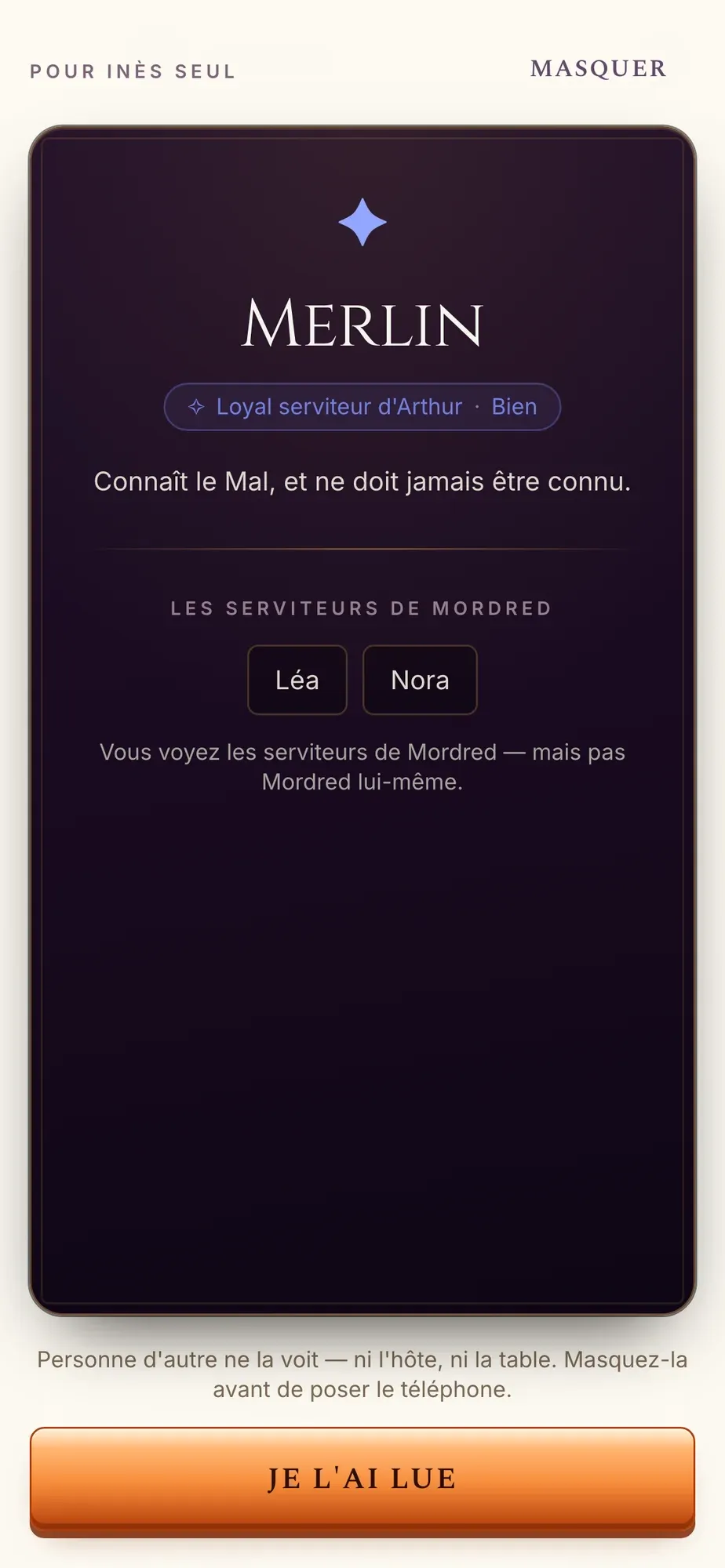 Avalon on a player’s phone: her card, Merlin, loyal servant of Arthur, and the servants of Mordred only she can see.