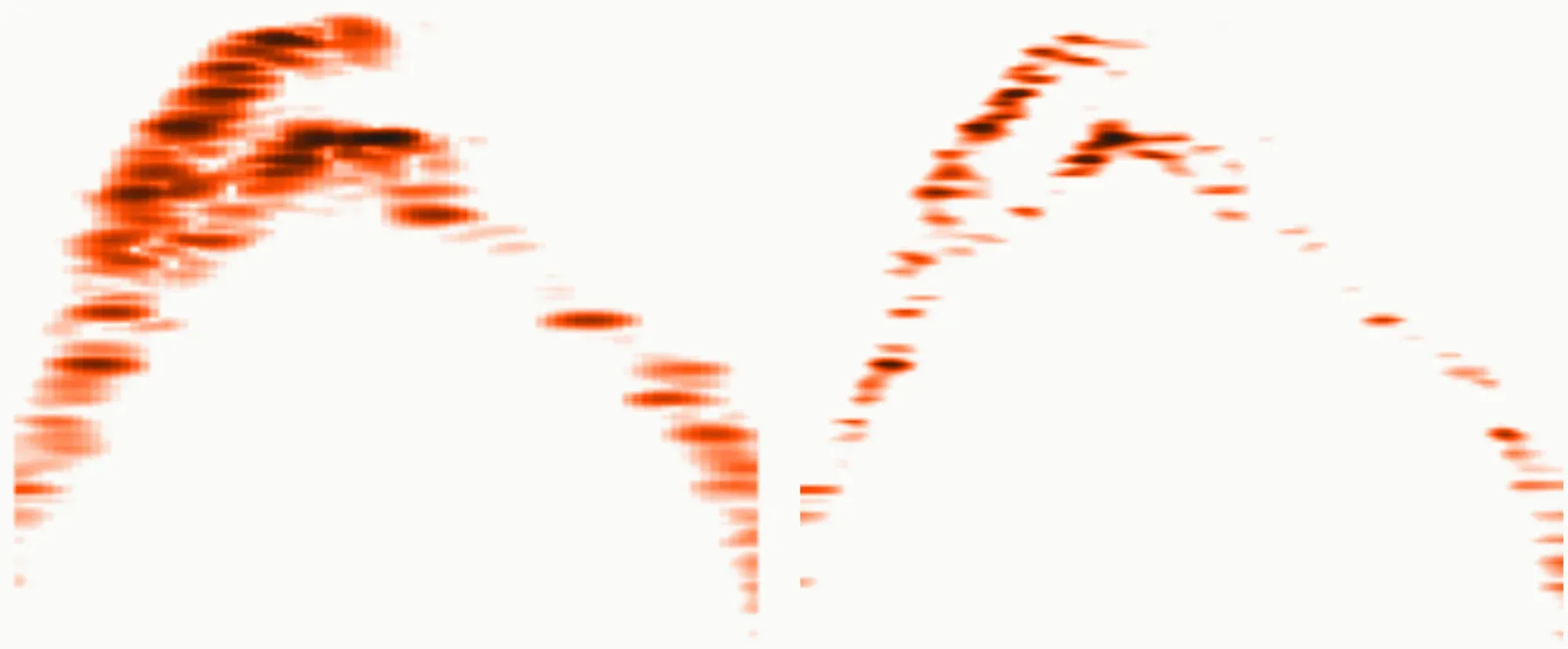 Two bands side by side, in shades of orange on paper: on the left, broad blurred patches in the shape of an arch; on the right, the same arch made of thin, sharp strokes.