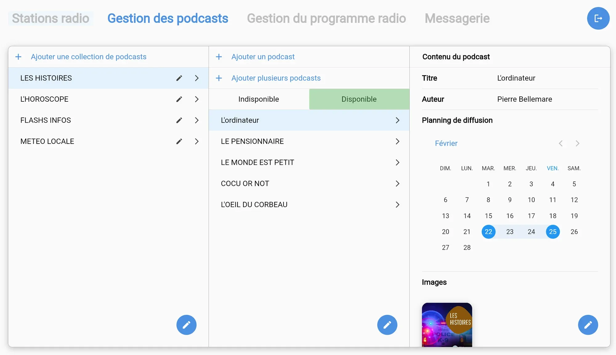 The back office: the podcast collections, their episodes, and for the chosen episode its title, author, broadcast days on a calendar and image.