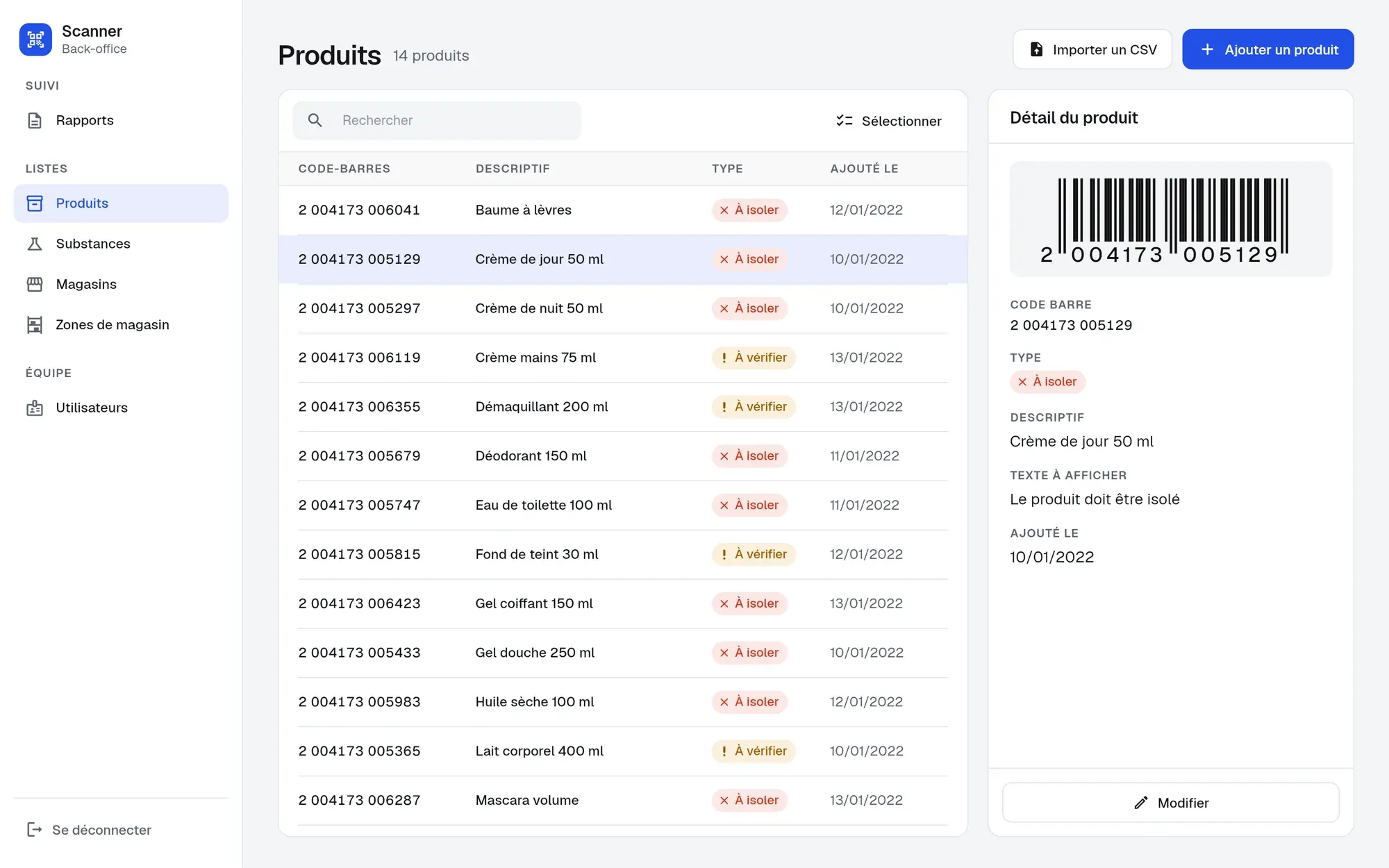 Le back-office : la liste des produits, chacun avec son code-barres, son nom et son type, à isoler ou à vérifier, et le détail du produit choisi, avec son code-barres.