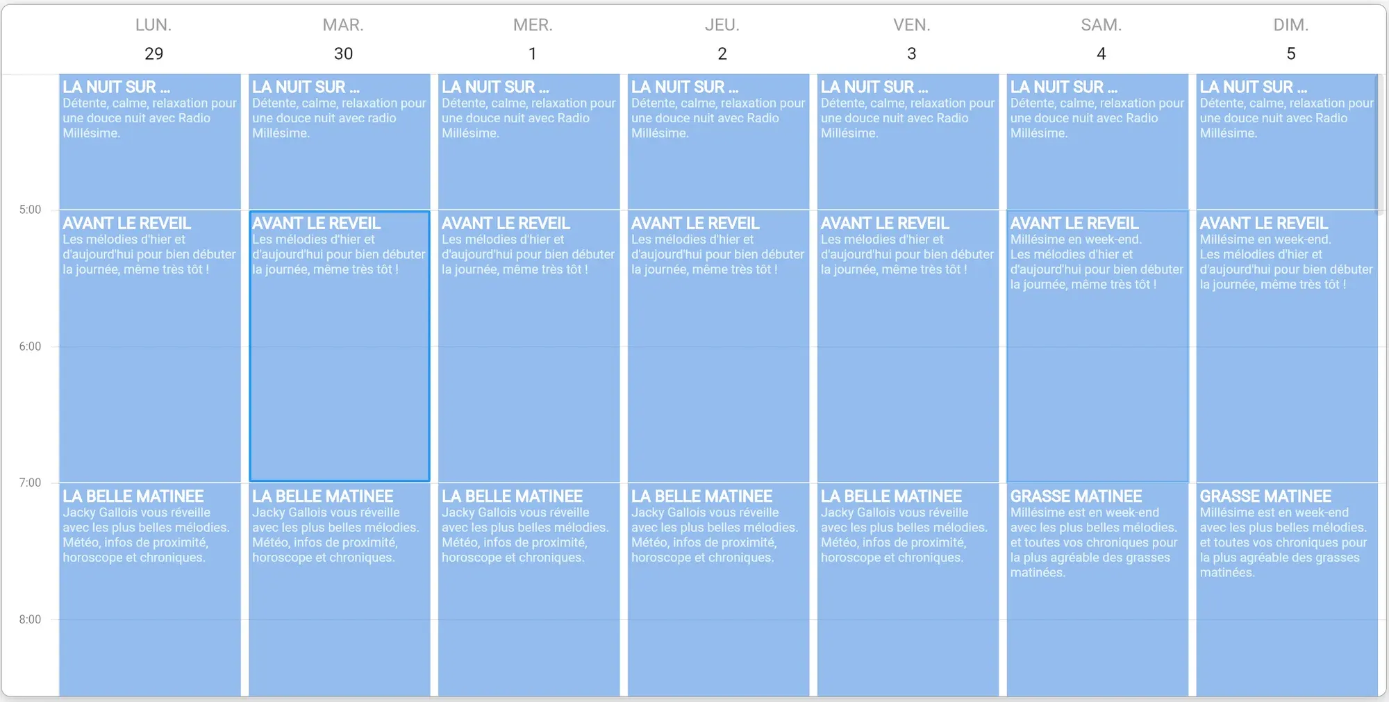 The back office: the week’s programme grid, hour by hour, each show with its description.