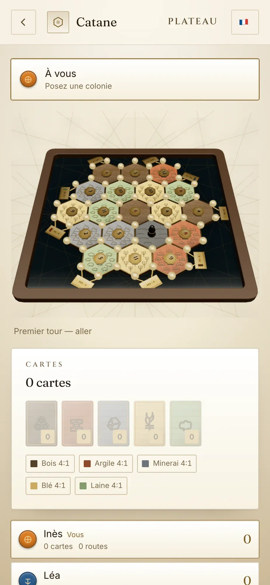 Catan on the phone of the player whose turn it is: “Your turn, place a settlement”, the same island, small, and her hand, still empty, with the trades open with the bank.