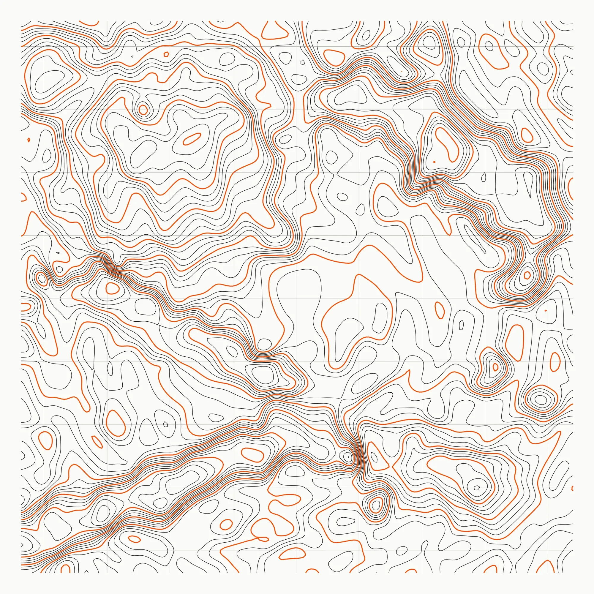 A contour map in black ink, one contour in four in orange, over a fine grid: a mound, rocks, a diagonal channel, a pipe and a wreck show where the contours crowd.