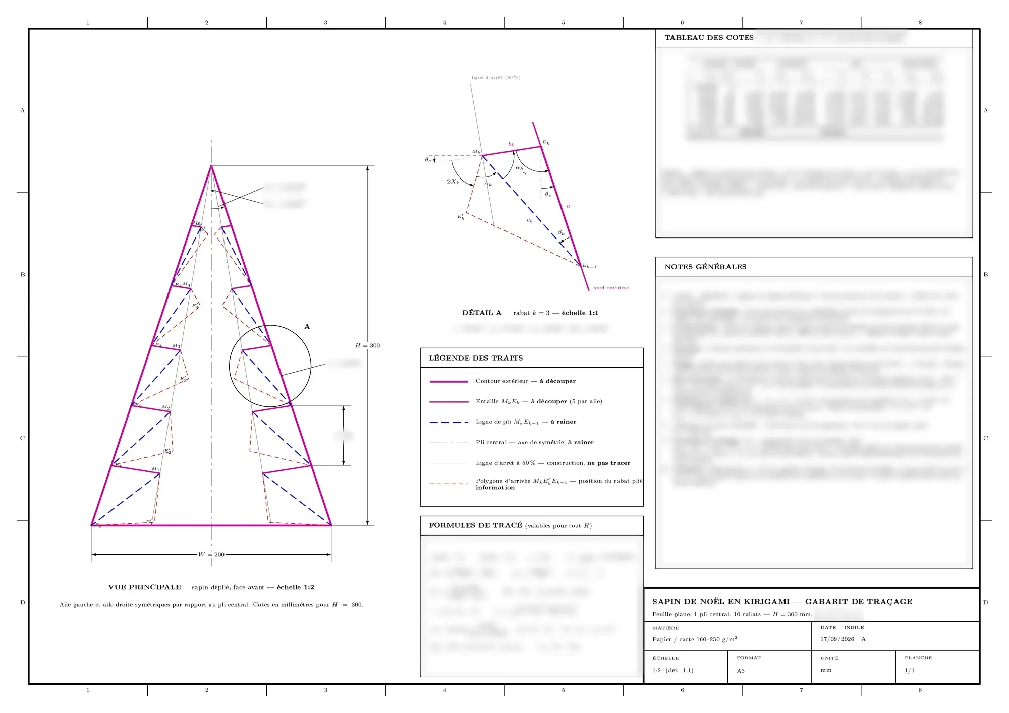 The tree’s cutting plate: the dimensioned view, the detail of a flap and the line legend; the dimension table, the formulas and the manufacturing notes are blurred.