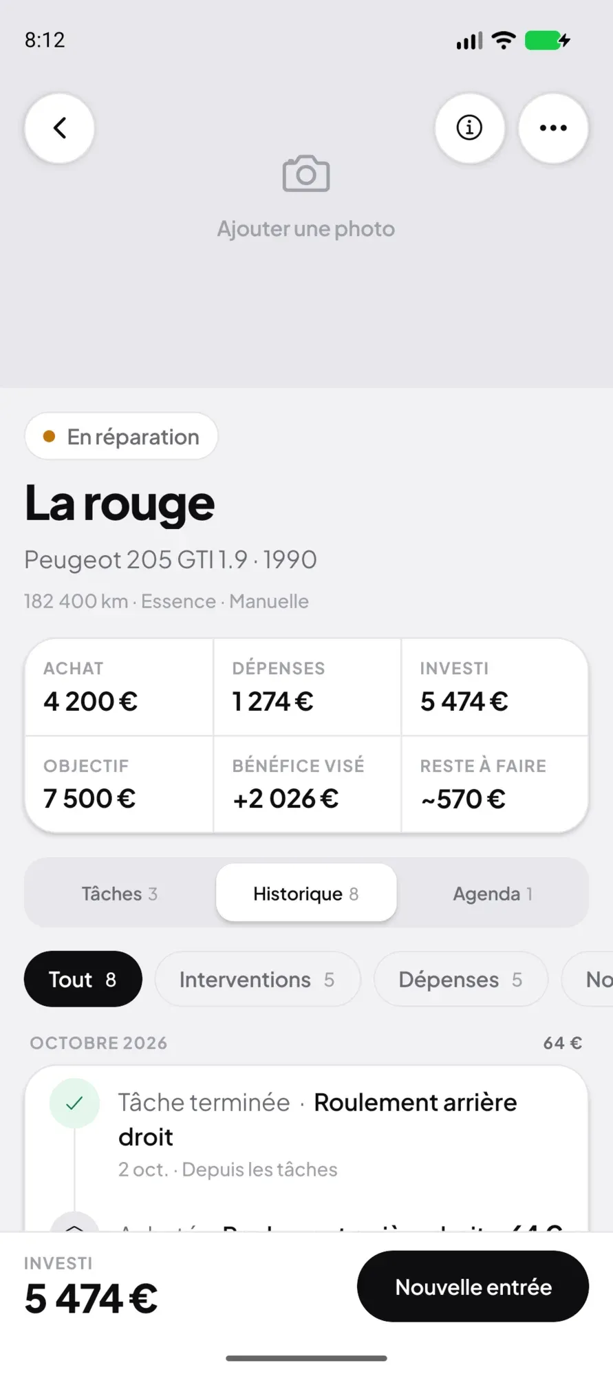 A car’s history: finished tasks, work done and expenses, month by month.