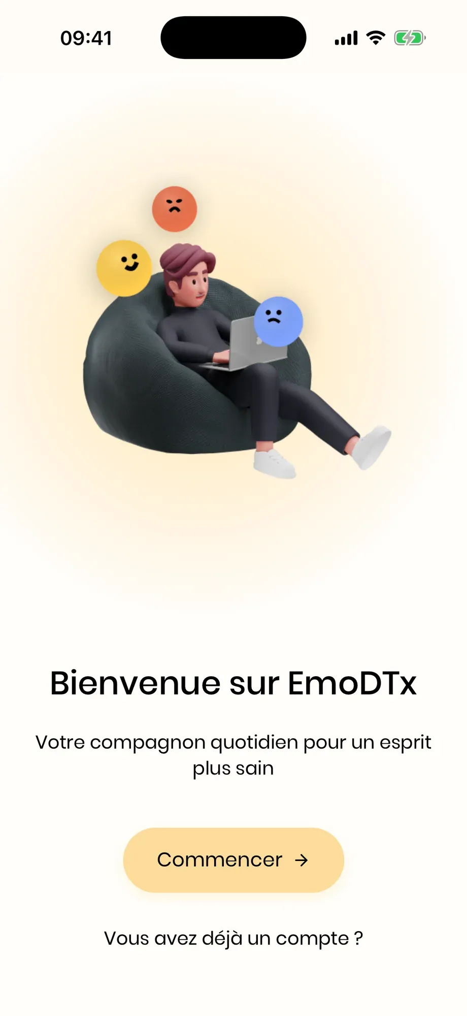 The app’s welcome screen on iPhone, in French: welcome to EmoDTx, your daily companion for a healthier mind, with an illustration.