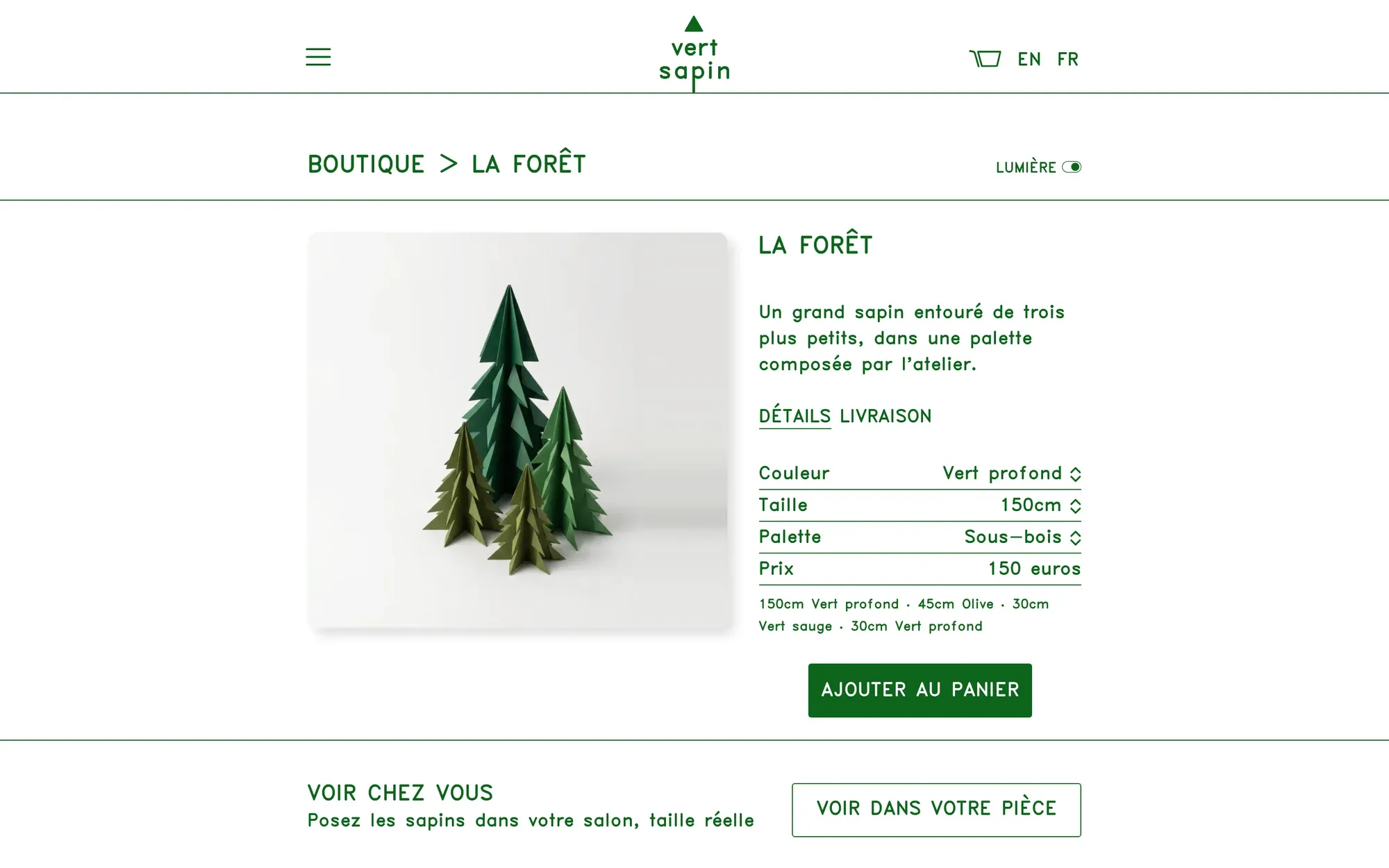 La Forêt’s page: four paper trees on white, the colour, size, palette, price and add-to-cart button.