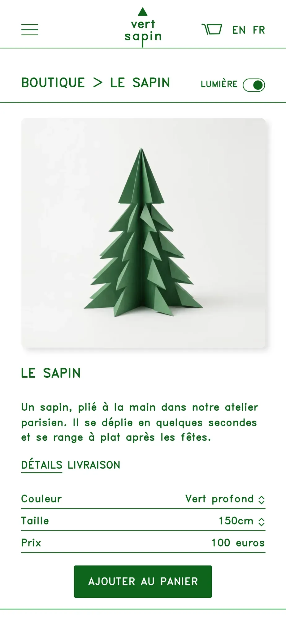The tree’s page on a phone: its photograph, description, colour, size, price and add-to-cart button.