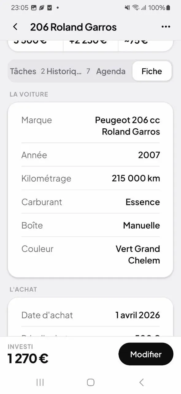 The car’s spec sheet: Peugeot 206 CC Roland Garros, 2007, 215,000 km, petrol, manual gearbox, Grand Chelem green, bought on 1 April 2026.