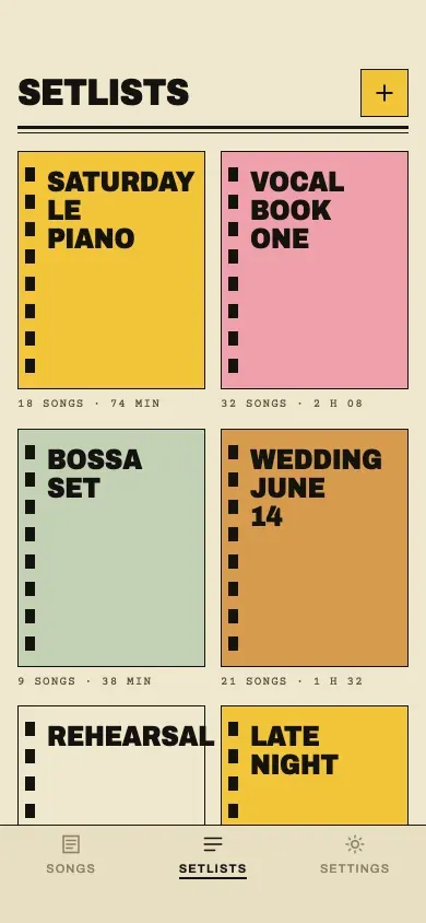 The setlists, as coloured cards, each with its number of songs and its length.