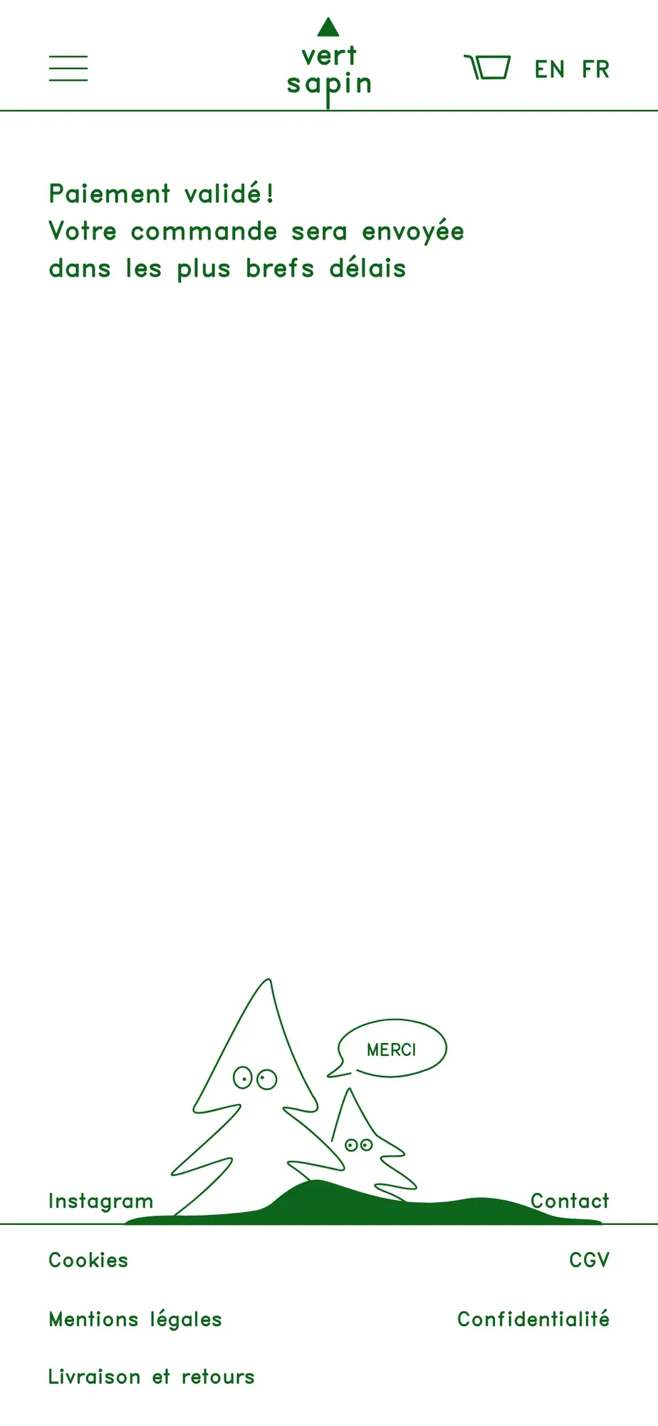 The thank-you page on a phone, in French: the payment confirmed, the order on its way soon, and two drawn trees saying thank you.