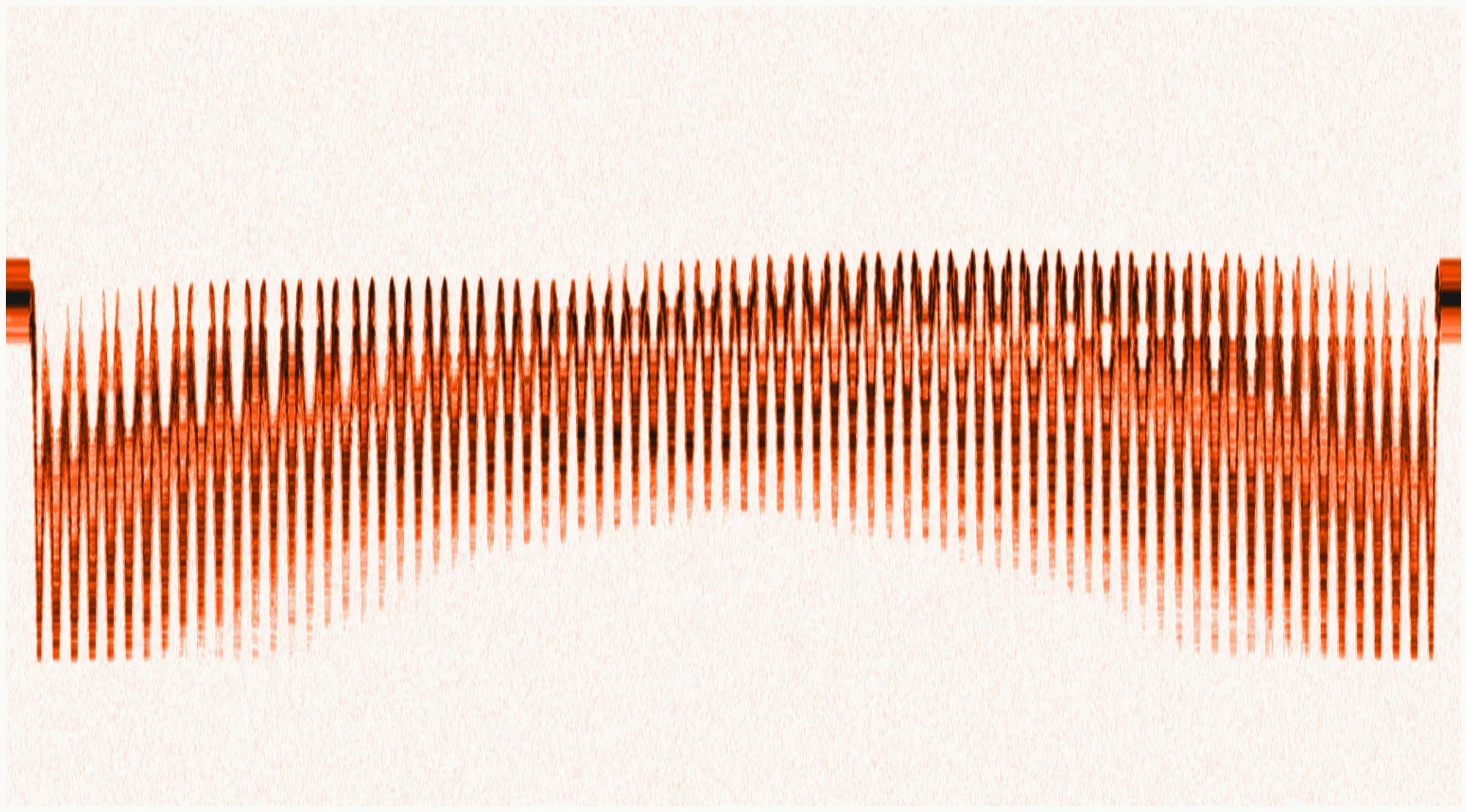 A wide orange band streaked with thin vertical teeth, drawing an arch: each column is the echo of one pulse.